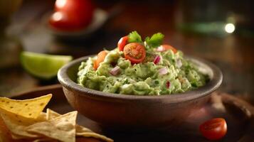 ai generado. cuenco de recién hecho guacamole, vibrante verde con cremoso textura. rodeando eso son tortilla papas fritas, Lima porciones, y vistoso cortado en cubitos Tomates y cebollas. capturar el frescura. foto