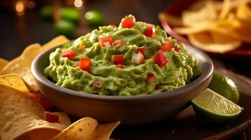 . Bowl of Freshly Made Guacamole, Vibrant Green with Creamy Texture. Surrounding it are Tortilla Chips, Lime Wedges, and Colorful Diced Tomatoes and Onions. Capturing the Freshness. photo