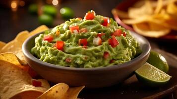 ai generado. cuenco de recién hecho guacamole, vibrante verde con cremoso textura. rodeando eso son tortilla papas fritas, Lima porciones, y vistoso cortado en cubitos Tomates y cebollas. capturar el frescura. foto