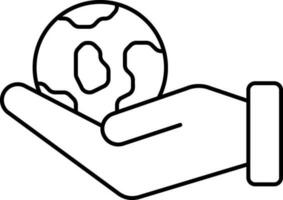 Hand Holding Globe Icon In Black Line Art. vector