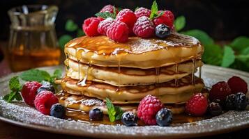 . Fluffy Pancakes with Melting Butter, Drizzled in Golden Maple Syrup. Fresh Berries, Mint Leaves, and a Dusting of Powdered Sugar Create a Dreamy Ambiance. photo
