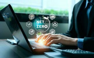 Net zero greenhouse gas emissions target.climate neutral long term strategy.No toxic gases, implementing carbon capture and storage technologies. sustainable future. Net zero by 2050 photo