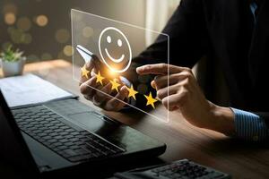 customer satisfaction survey concept. Business people rate service experience and product quality or staff friendliness and overall value for the price. information, amend, improve photo