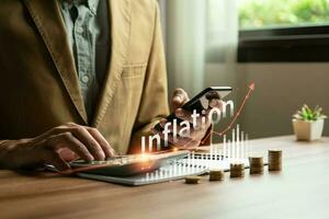 Businessman analyzes inflation for business planning in an inflationary economy, and inflation control, US dollar inflation, causes, effects, and management strategies for a stable economy photo