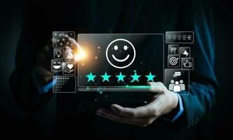 Customer review satisfaction feedback survey concept. Business people rate service experience and product quality or staff friendliness and overall value for the price. information, amend,  improve photo
