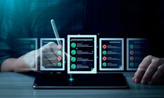 Business performance checklist, businessman using laptop doing online checklist survey, Check marks on checklist and Filling online form or answering questions. evaluation, online survey, online exam. photo