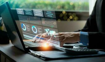 Businessman analyzing business enterprise data management, Business analytics with charts, metrics and KPIs to performance organization. Corporate strategy for finance, operations, sales, marketing photo