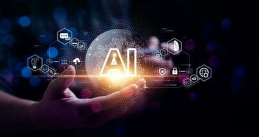 empresario conmovedor el cerebro trabajando de artificial inteligencia ai automatización, profético analítica, cliente Servicio alimentado por ai chatbot, analizar cliente datos, negocio y tecnología foto