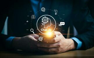 Chat with AI or Artificial Intelligence technology, business use AI smart technology by inputting, deep learning Neural networks to understand, respond to user inputs. future technology photo