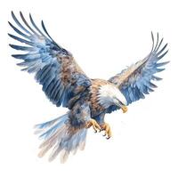 . HyperRealistic Watercolor Artwork of Majestic Eagle in Flight. Detailed Feathers and Sharp Gaze against Clear Blue Sky. A Symbol of Freedom and Strength. photo