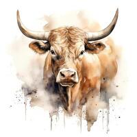 . HyperRealistic Watercolor Artwork of a Powerful Bull Capturing Strength, Determination, and Majestic Presence in a Rustic Farm Setting. photo