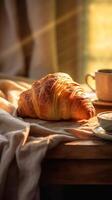 . Whimsical Layers of a Golden Croissant, Delicate Mood with Rustic Props. Soft Lighting Enhances the Pastel Colors. Elegant Presentation. photo