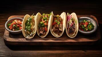 . Tempting Trio of Flavorful Tacos Grilled Chicken, Marinated Beef, and Vegetarian Options. Topped with Fresh Salsa, Avocado, and Cilantro on a Rustic Wooden Board. photo