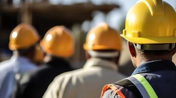 . Macro CloseUp of Engineers at Construction Site Professional Collaboration and Expertise in Building Industry. photo