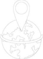 Black line art map pointer on earth globe. vector