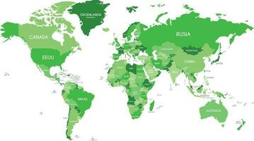 político mundo mapa vector ilustración con diferente tonos de verde para cada país y país nombres en español. editable y claramente etiquetado capas.