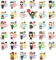 Vector illustration set of cartoon characters saying hello and welcom in 34 languages spoken in Europe