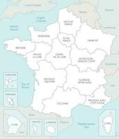 Vector map of France with regions and territories and administrative divisions, and neighbouring countries. Editable and clearly labeled layers.