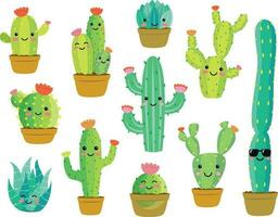 Vector illustration set of funny cactus characters in cartoon style isolated on white background