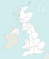 Vector blank map of UK with administrative divisions, and neighbouring countries. Editable and clearly labeled layers.