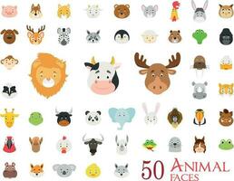 Set of 50 Animal Faces in cartoon style vector