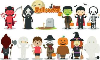 Set of Halloween characters, including Dracula, Frankenstein, devil, witch, skeleton, pumpkin, mummy and more. Vector illustration