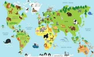 Funny cartoon world map with traditional animals of all the continents and oceans. Vector illustration for preschool education and kids design