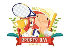 National Sports Day Vector Illustration with Sportsperson from Different Sport in Flat Cartoon Hand Drawn Landing Page Background Templates