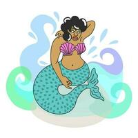 Retro girl. Mermaid sitting sitting on a rock in waves. vector