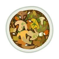 Mushroom soup in deep plate. Vector isolated illustration.