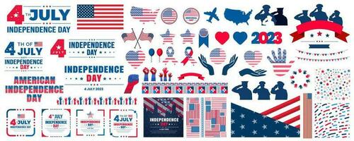 un grande conjunto de America y 4to de julio y independencia día elementos. Estados Unidos bandera, social medios de comunicación enviar bandera manojo, tipografía, modelo fondo, globos, y muchos más ilustraciones en uno grande manojo. vector