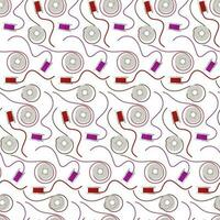 Seamless pattern using sewing thread. Coils, bobbins with threads in retro style on a white background. Colored threads are scattered on the surface. Suitable for background in sewing departments vector