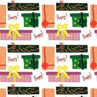 A pattern with gift boxes with the text of happy. Seamless background of hand-drawn highlighted on a white. Multicolored textiles in wrapping paper. The concept of shopping for Birthday, Christmas vector