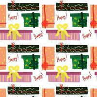 A pattern with gift boxes with the text of happy. Seamless background of hand-drawn highlighted on a white. Multicolored textiles in wrapping paper. The concept of shopping for Birthday, Christmas vector