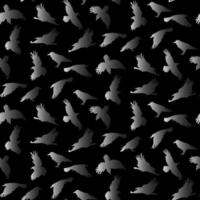 Vector seamless pattern with flying gradient crows on a black background. Mystical background with birds in the Halloween theme. Grey shades of birds, for printing on textiles and paper