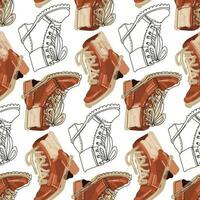 A pattern of colorful fashionable women's winter boots with fur heels, boots with a seamless pattern. Casual and festive insulated shoes. Autumn, winter, spring background. For background, fabric vector
