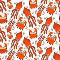 Vector seamless pattern Underwater. Repeat the background with squid and crabs in motion. Funny illustration of orange-colored floating aquatic animals with cute emotions. Gift packaging