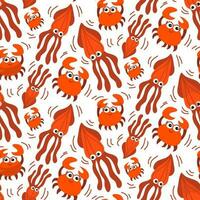 Vector seamless pattern Underwater. Repeat the background with squid and crabs in motion. Funny illustration of orange-colored floating aquatic animals with cute emotions. Gift packaging