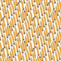 A pattern of yellow pencils scattered on a white background. Straight short yellow pencil. Return to school, the concept of teacher's day. Hand-drawn vector illustration. Square seamless pattern