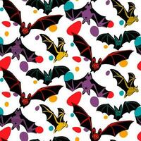 A pattern with multicolored bats in a cartoon flat style. Bats and paint spots on a white background Printing on textiles and paper is a Halloween holiday Bright festive colors for the day of the dead vector