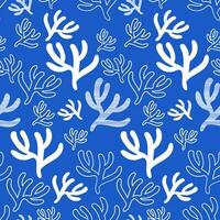 Seamless coral reef pattern. Blue underwater background of the ocean world in vintage style. A hand-drawn underwater natural element. Marine Seamless repeating design for Fabric, Textile, Paper vector