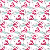 A pattern of colored pink sewing scissors with a contour for cutting. Model of scissors. Vector illustration. Printing on textiles and paper, seamless on a white background