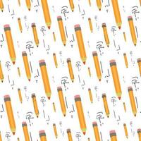 A pattern of yellow pencils scattered on a white background. Straight short yellow pencil. Return to school, the concept of teacher's day. Hand-drawn vector illustration. Square seamless pattern