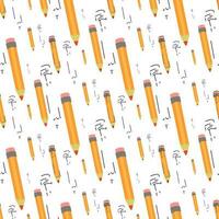 A pattern of yellow pencils scattered on a white background. Straight short yellow pencil. Return to school, the concept of teacher's day. Hand-drawn vector illustration. Square seamless pattern