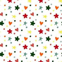 Cute festive background with colored falling elements. Stars, hearts, circles, flowers. Decoration for gift wrapping paper, fabric, clothing, textiles, texture, scrapbook. Vector illustration