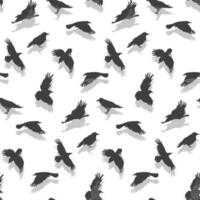 Vector seamless pattern with flying gray crows with a shadow on a white background. Mystical background with birds in the Halloween theme. Grey shades of birds, for printing on textiles and paper