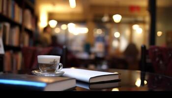 leyendo libro de texto en mesa con café taza en antecedentes adentro generado por ai foto