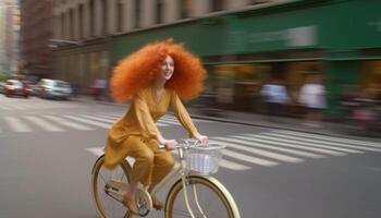 adulto mujer ciclismo mediante ciudad tráfico en borroso movimiento generado por ai foto