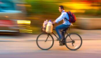 sano estilos de vida en el ciudad ciclismo, caminando, y ocio ocupaciones generado por ai foto