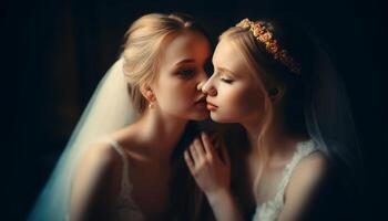 Two beautiful women embracing in wedding dresses, radiating happiness and love generated by AI photo